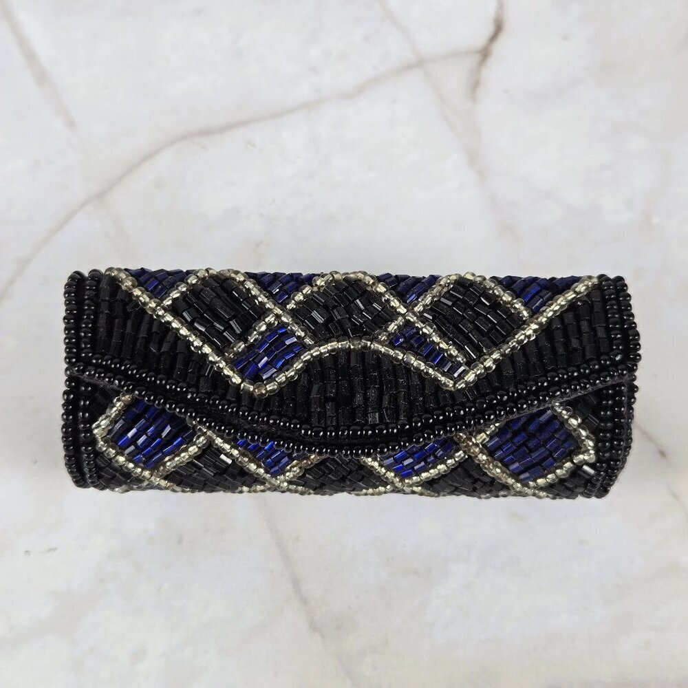 Vintage Beaded Lipstick Case Holder Inside Mirror Snap Closure Black Blue Clear